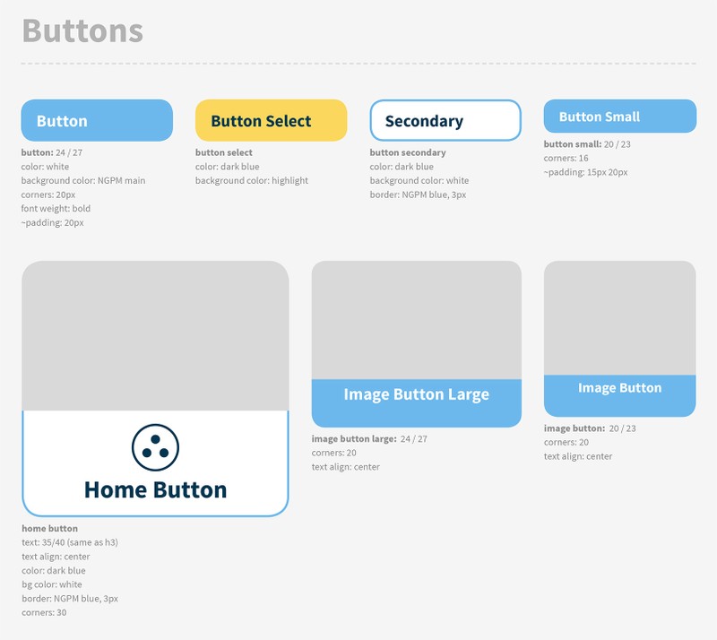 The style guide showing button design variations.
