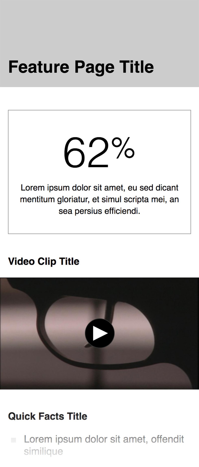 Wireframe prototype showing an infographic fact and a video player component.