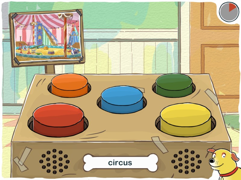 An app screen with a large interface made up of colorful buttons coming out of a cardboard box with speakers. The box is labeled with the word, “circus.”