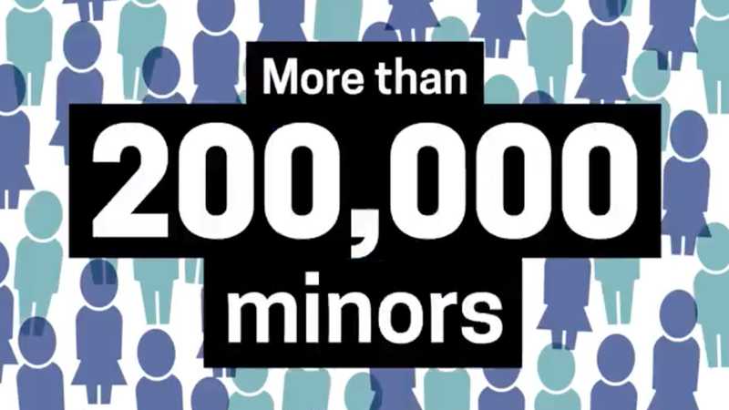 A pattern made of small boy and girl icons with large text on top reading “More than 200,000 minors.”