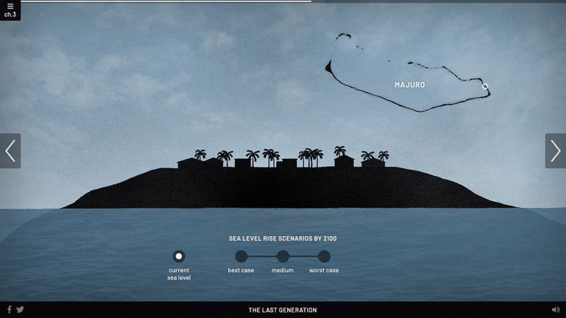 A silhouette illustration of an island in profile with a user interface describing different sea level rise scenarios, on a blue background.