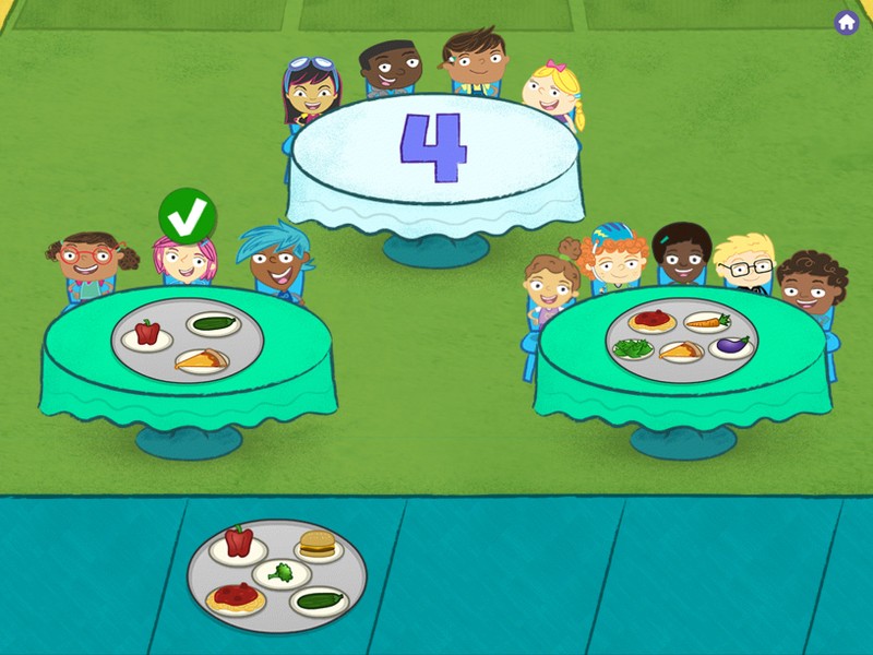 A game screen from Birthday Café showing characters sitting at tables with food.