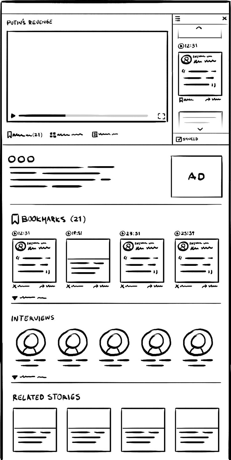 A sketch of a webpage showing a video player with a playlist and quote interface; below are bookmarks and related content.
