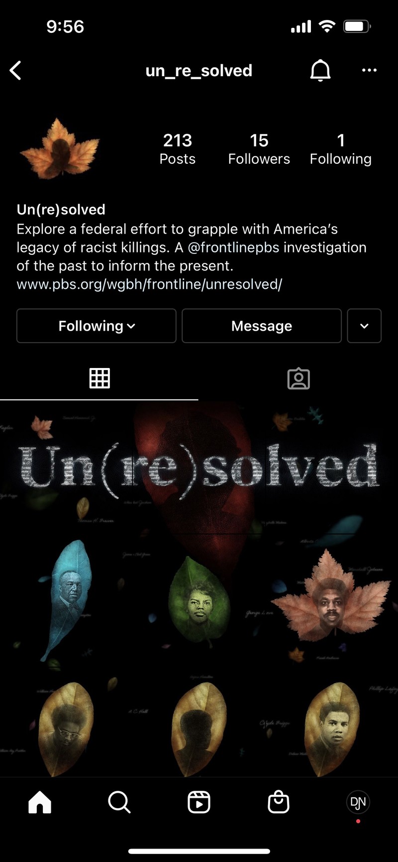 The Un(re)solved Instagram account showing posts that display the title of the project and leaves with victim's portraits on them.