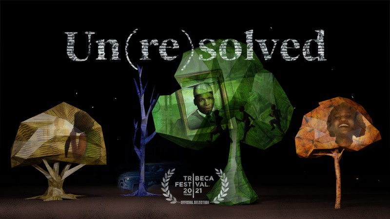 Four colorful, illustrated, 3D trees sit in a dark, abstract forest. The trees have collaged images of the people featured in the Un(re)solved main chapters. There's a main title at the top reading, “Un(re)solved,” and festival laurels at the bottom that say, “Tribeca Festival 2021 Official Selection.”