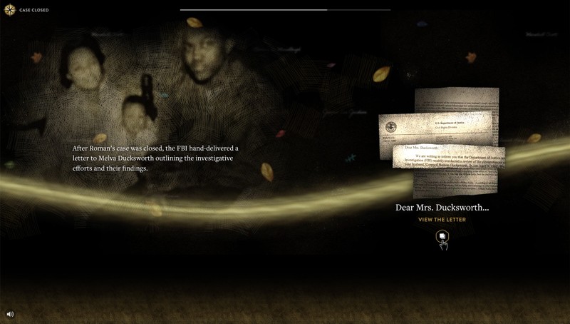 A screenshot of the chapter experience showing a background image of Roman Ducksworth with his wife and baby. There's a path of light through the middle of the screen and a collaged image of a letter with text underneath reading, “Dear Mrs. Ducksworth…”