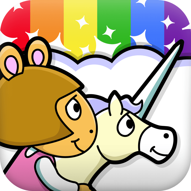 An app icon with an up close illustration of D.W. riding a unicorn with a cloud and rainbow in the background.
