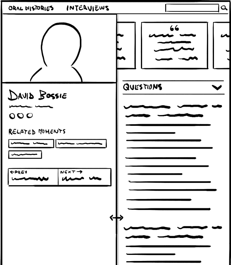 A page design sketch showing a video interview and a text transcript.
