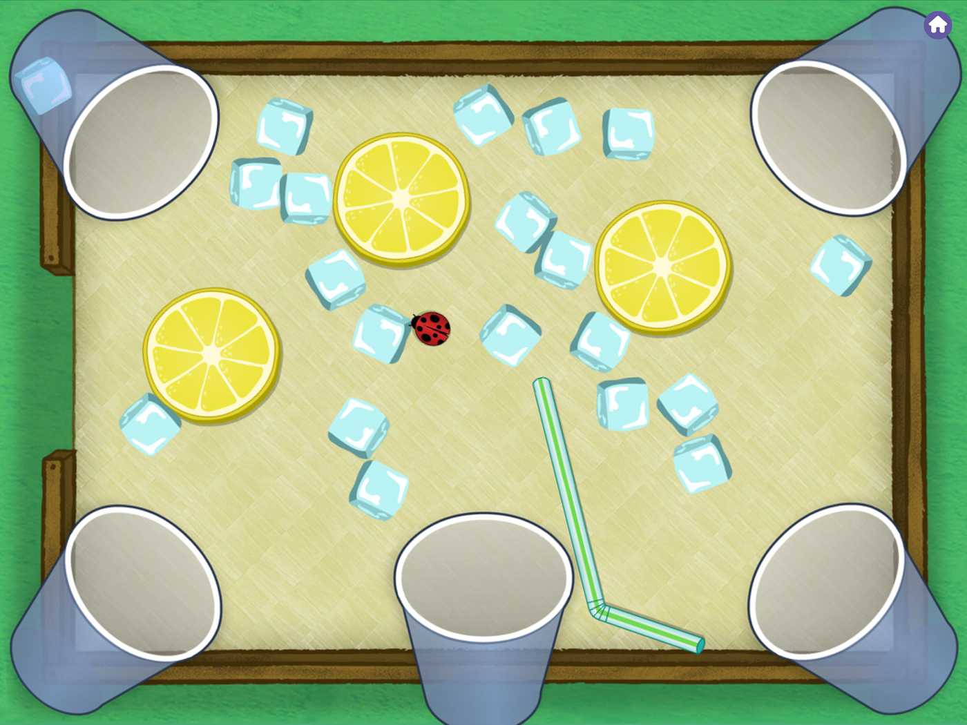 A game screen with a top down view of a table with cups, ice cubes, lemons, a ladybug and a straw.