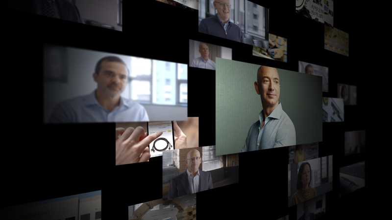 A composite image of Jeff Bezos and other images from the FRONTLINE film, Amazon Empire.