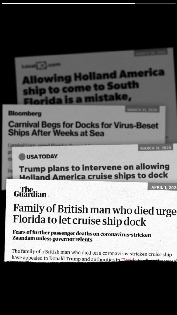 A collage image of newspaper headlines about the Zaandam cruise ship.