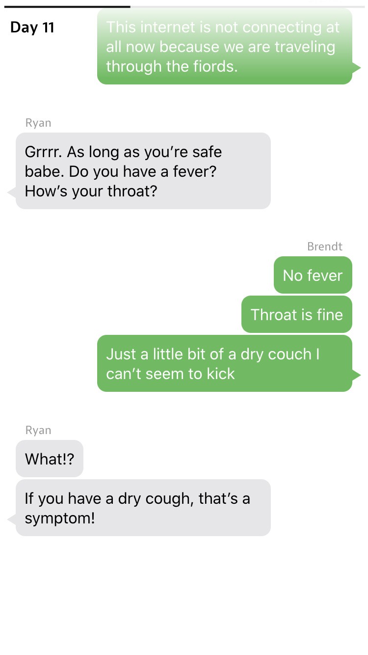 A screen showing the text message interface and a conversation between Ryan and Brendt.
