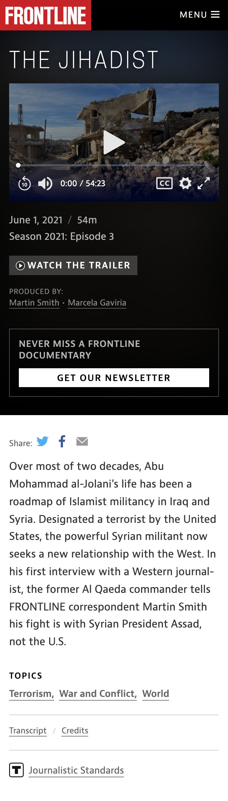 A mobile layout of the FRONTLINE website film page.