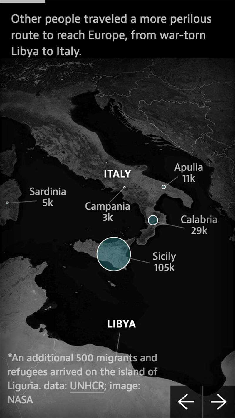 Map showing migrant arrivals to locations in Italy in 2015. Graphic shows the mobile screens layout.