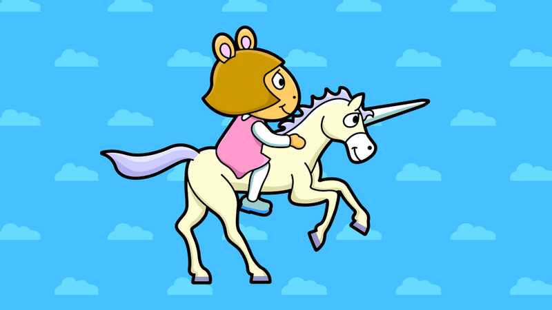 D.W. riding a unicorn with a cloud pattern in the background.