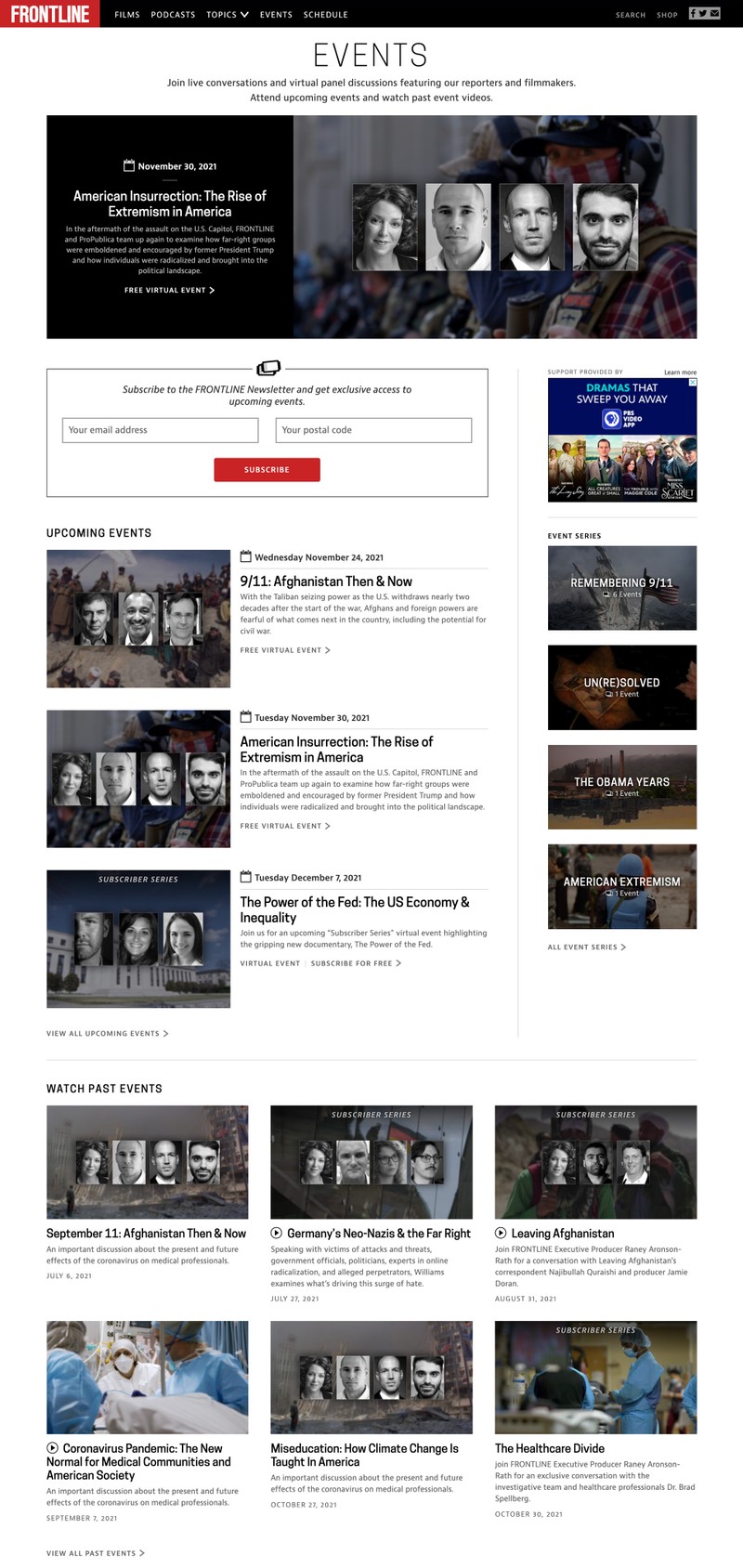The FRONTLINE events section page design.