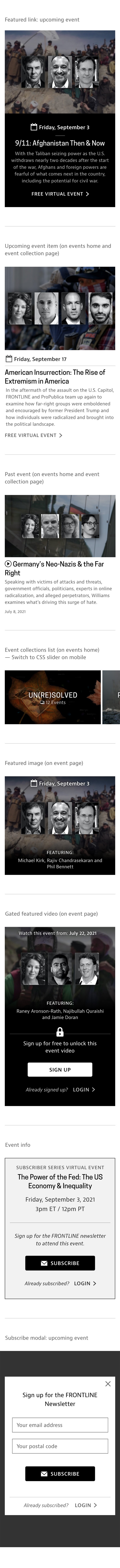 Mobile views of the components that make up the FRONTLINE events section pages.