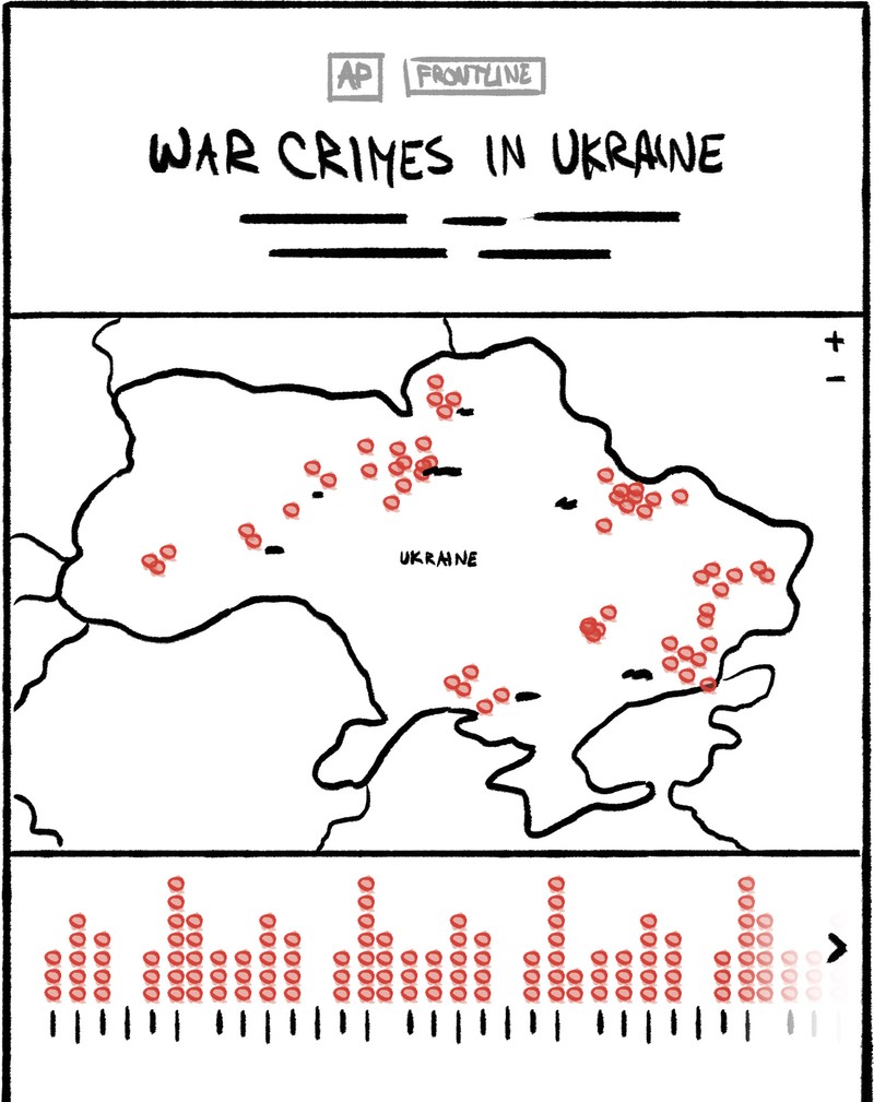 A sketch of a web application showing potential war crimes and their location on a map of Ukraine.