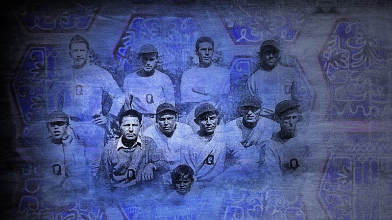 A collaged, textured image in all blue featuring Peter Francis with his baseball team.