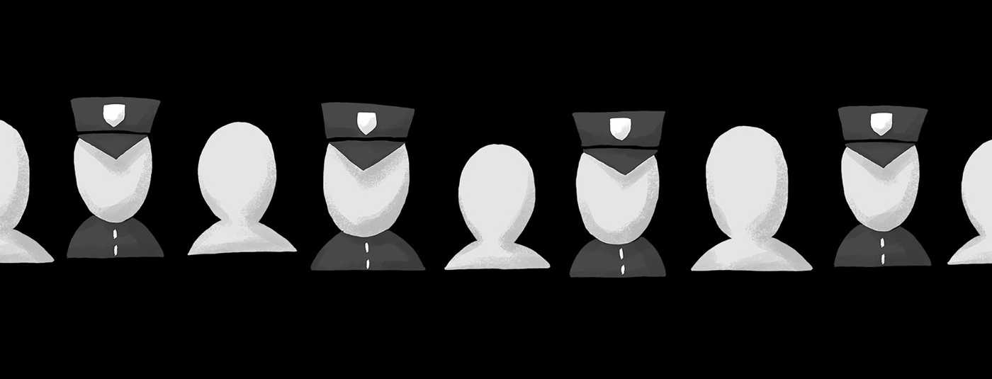 There is a row of alternating, abstract and illustrated police officers and people.