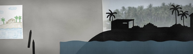 A wide, collage image with a childrens drawing of an island on the left and a black, silhouetted illustration of an island on the right.