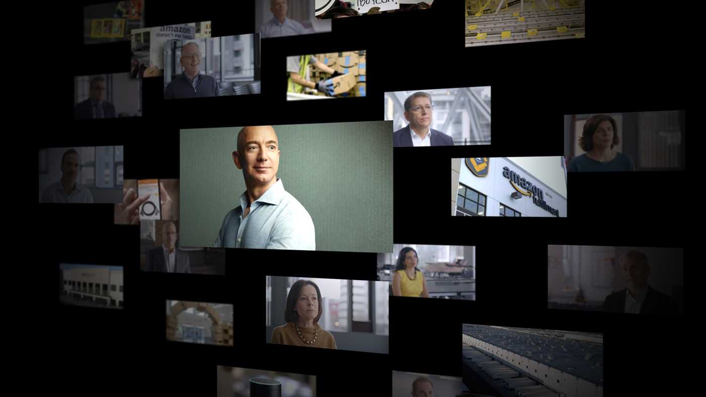 A composite image of Jeff Bezos and other images from the FRONTLINE film, Amazon Empire.