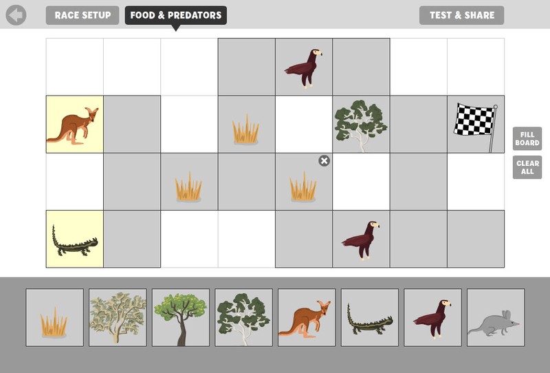 Plum Landing prototype mockup: predator/prey food race game.