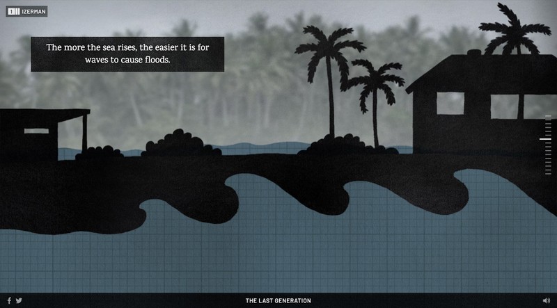 A collaged illustration of an island with large waves.