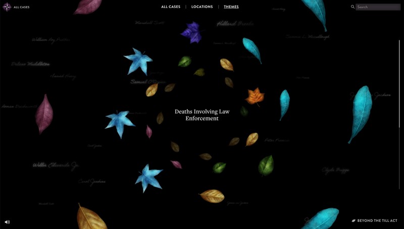 A screen showing the main All Cases section with a 3D interface of leaves. The theme in the center reads “Deaths Involving Law Enforcement.”