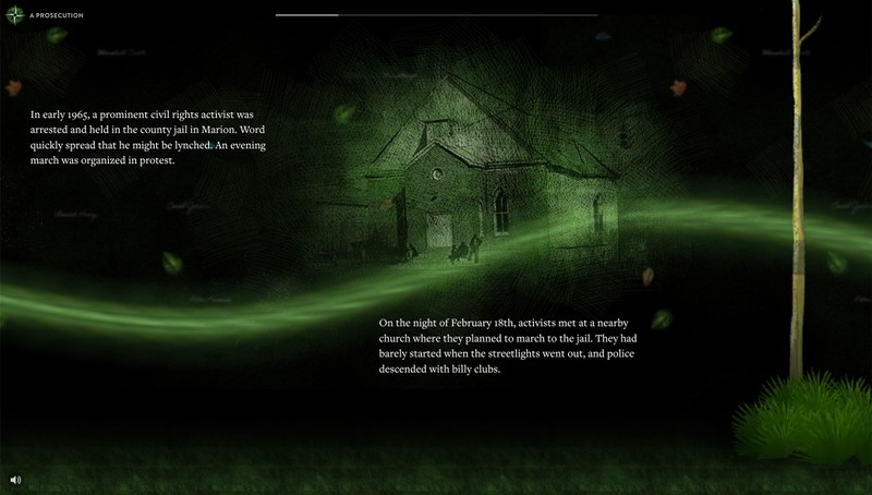 A chapter screen with a green light path and a textured image of a church in the background.