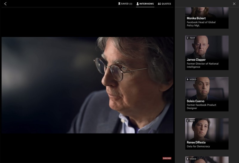A sidebar menu of interview subjects sits next to a video player screen.