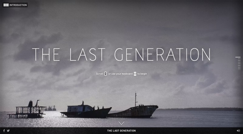 Kids playing on old and broken boats in the distance, on the shore of the Marshall Islands. A large title in the middle of the image reads, “The Last Generation.”