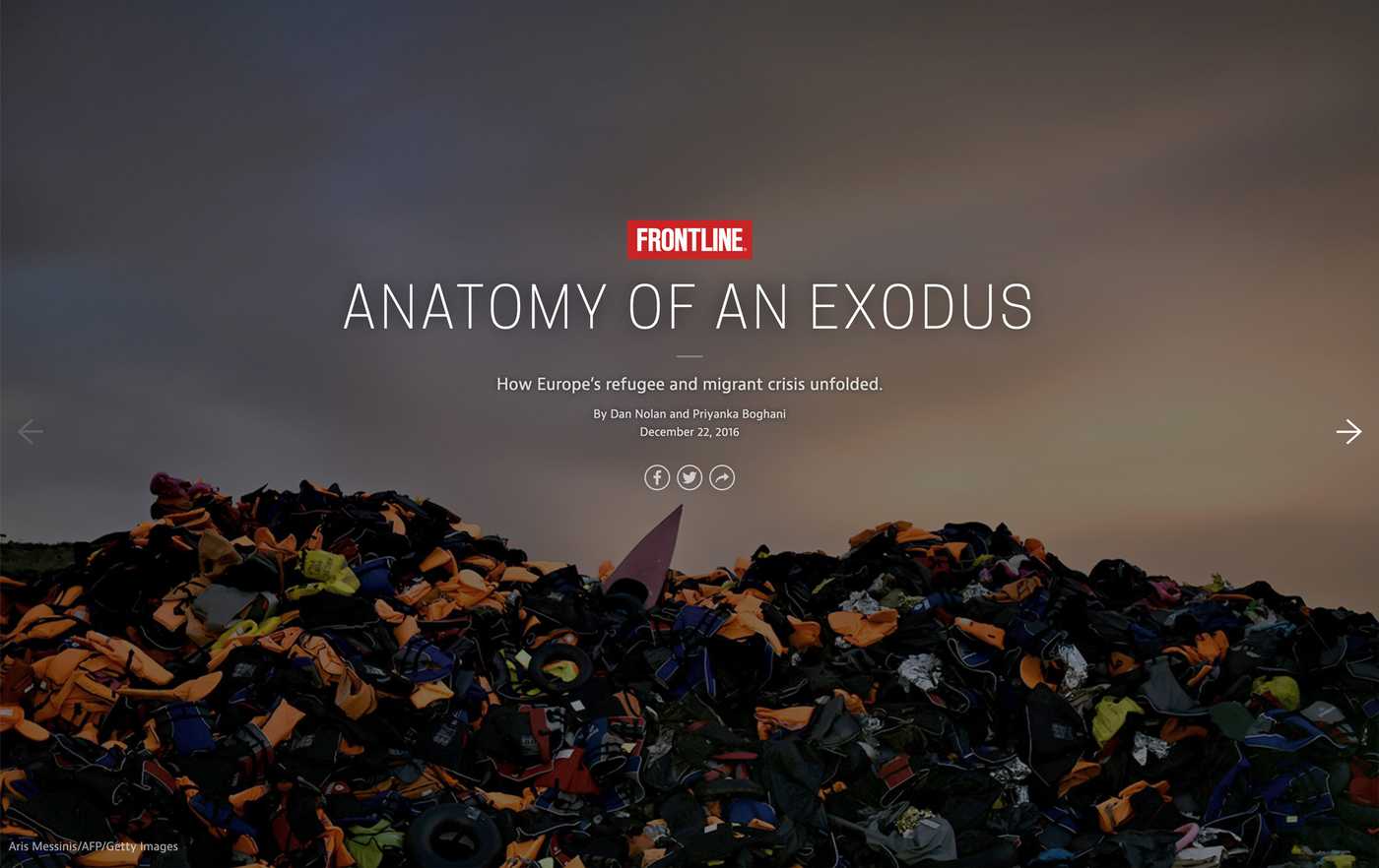 Life vests are piled up into a mountain at the bottom of the screen, the title text reads, “Anatomy of an Exodus.”