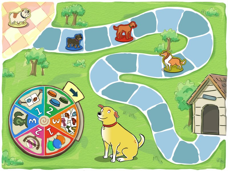 An app screen with a board game interface and dog game pieces. Martha the dog is standing next to the spinner with numbers and game icons on it.