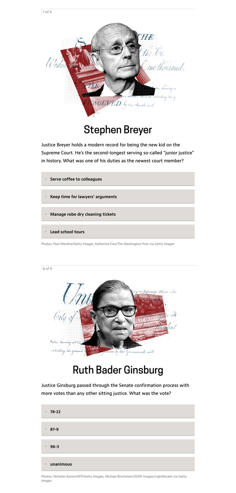 A web page design showing the layout and user interface for the Supreme Court Quiz.