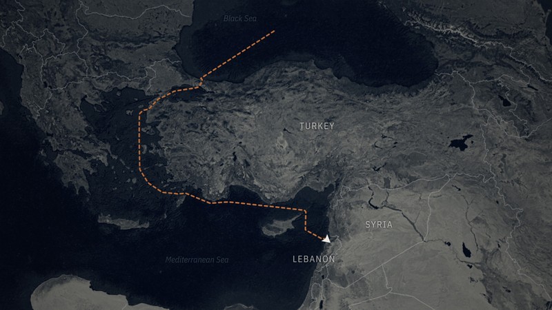 A map of Turkey, Syria and Lebanon with a dotted line going from the Black Sea around Turkey, through the Mediterranean Sea to Lebanon.