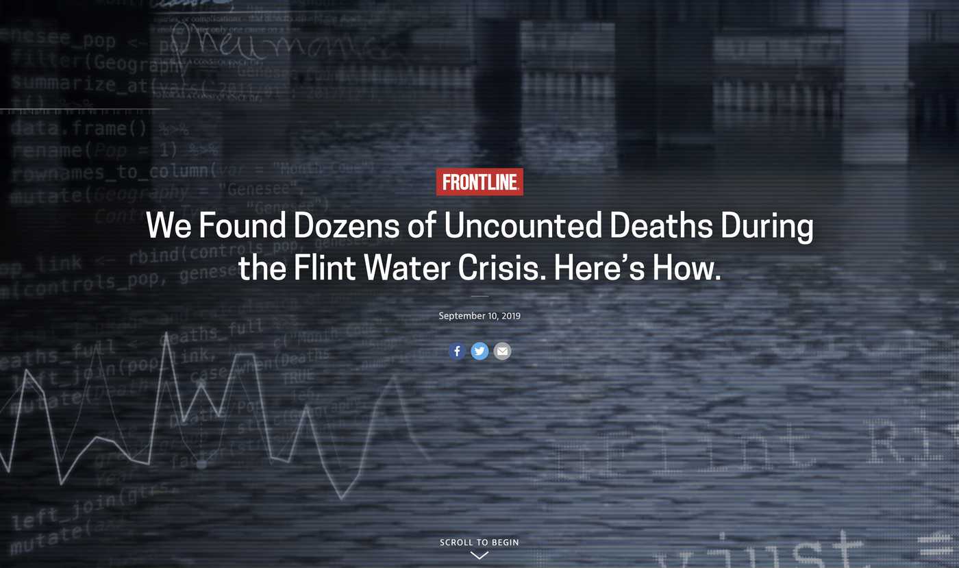 A composite image of the Flint River with textures made up of graphs and computer code overlayed on top. A title reads, “We Found Dozens of Uncounted Deaths During the Flint Water Crisis. Here's How.”