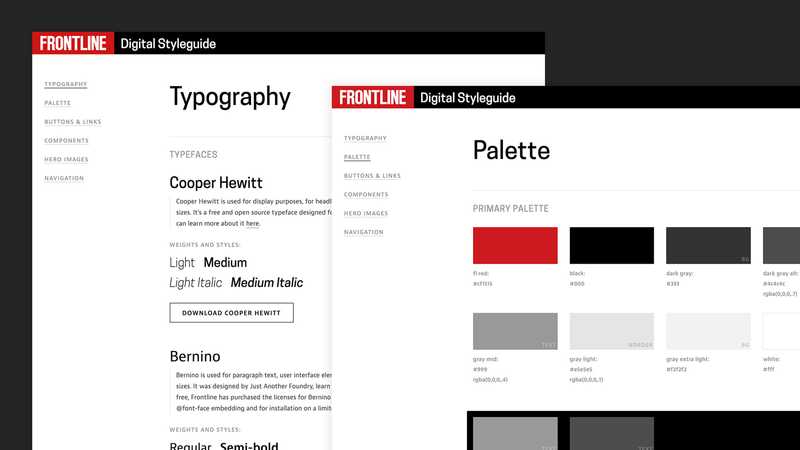 A digital style guide from the FRONTLINE website showing typography and palette styles.