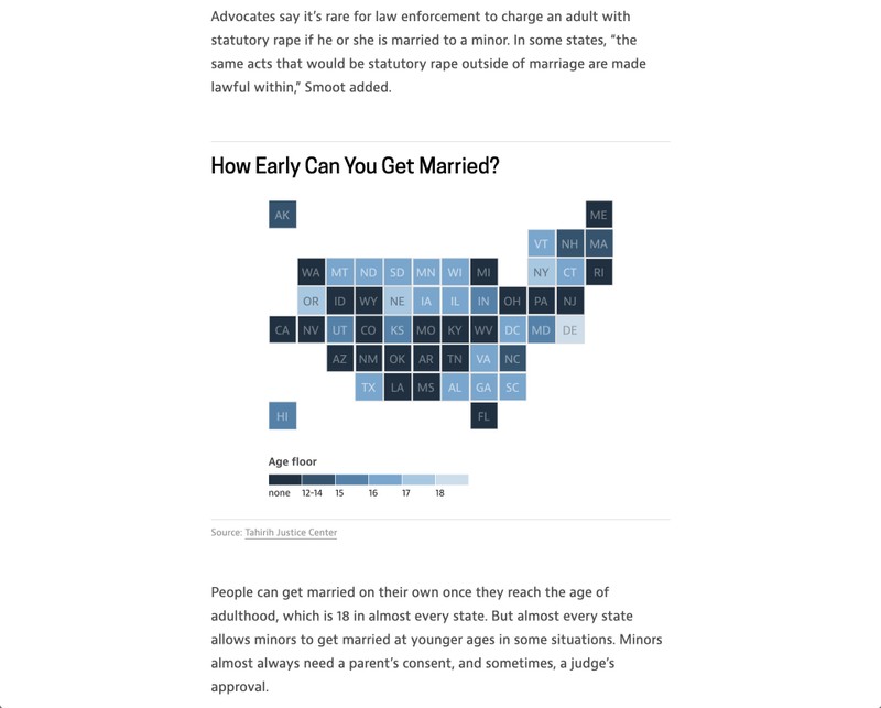A map from the child marriage story showing how early you can get married in each state.
