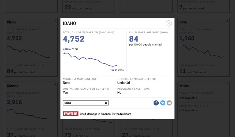 A screenshot of the child marriage story showing detailed information from an example state: Idaho.