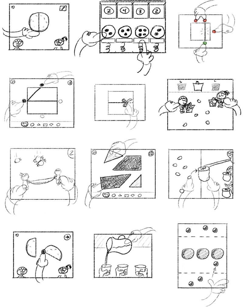 Sketches of different game mechanics: cutting, flinging, connecting, stretching and pouring.