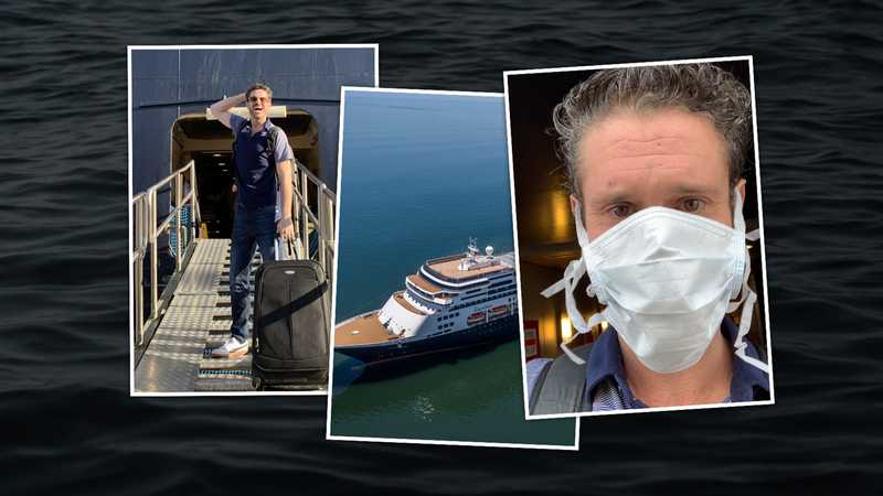 A collage image of three photos on top of a dark ocean background. The first photo shows a man smiling with luggage on a boat ramp; the second photo is of a cruise ship; the third photo shows the same man wearing a surgical mask.
