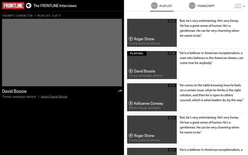 A high fidelity wireframe design showing an interview video player and playlist interface.