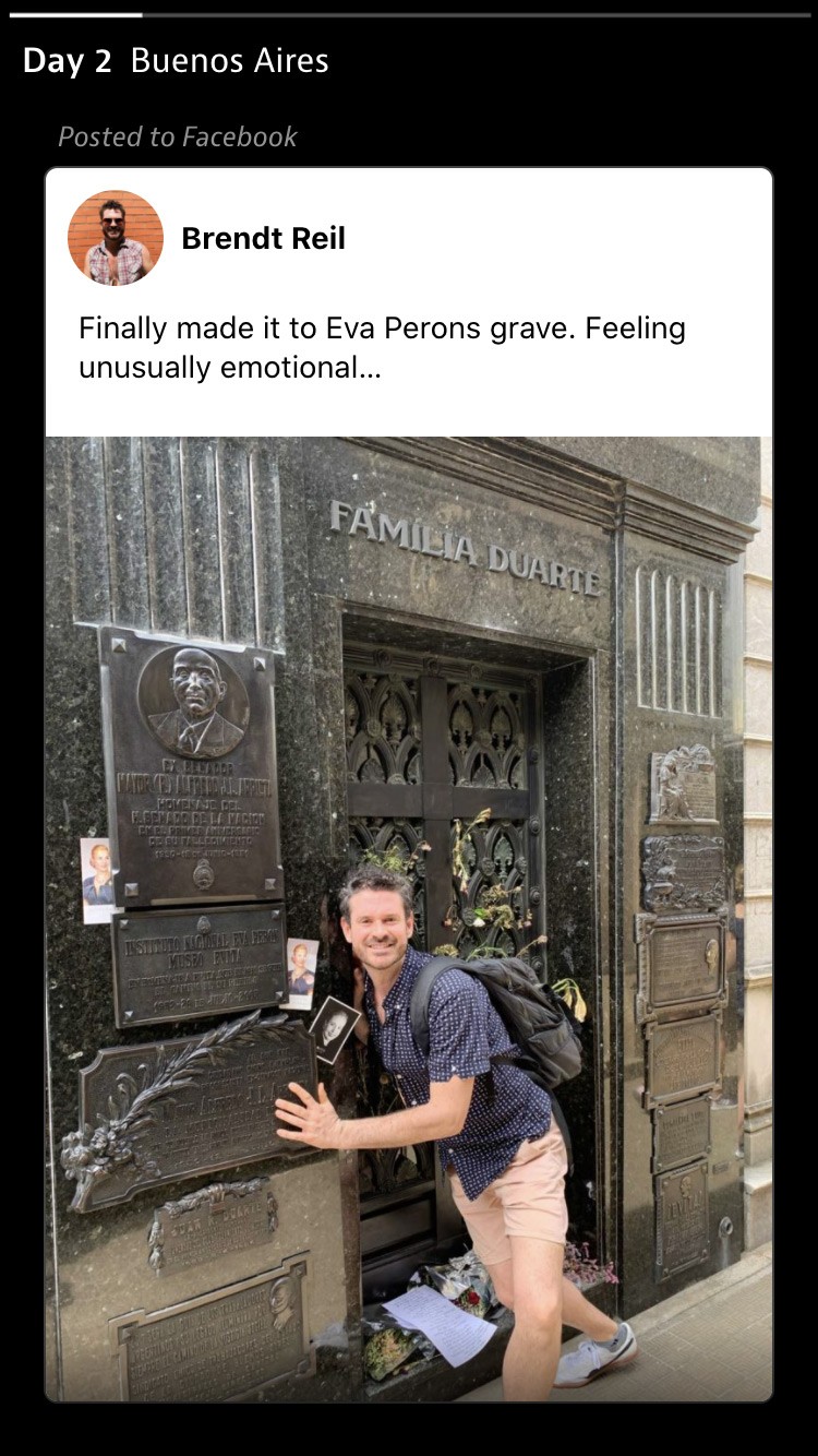 A screen showing a Facebook post of Brendt in Buenos Aires at Eva Peron's grave.