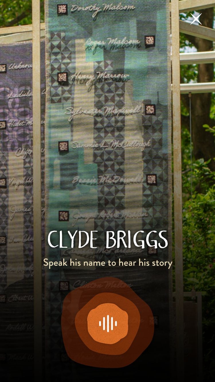 An app voice interface screen with the name, “Clyde Briggs,” and text reading, “Speak his name to hear his story.”