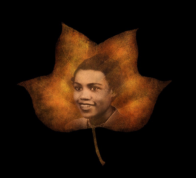 An orange leaf with Alberta Jones' portrait on it.