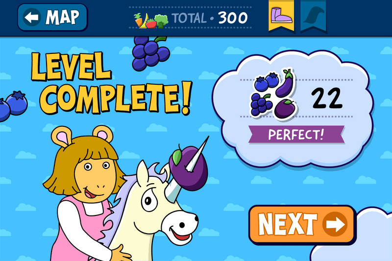 An end of level screen showing the user's score and D.W. up close on a unicorn. The unicorn's horn is piercing a plum.