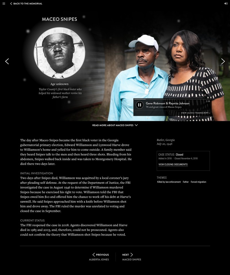 A rough mockup of the case summary page showing Maceo Snipes and a photo of his next of kin.