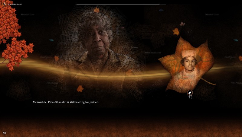 A chapter screen with an orange light path and a background image of Flora Shanklin. Alberta Jones is the foreground as a photo-illustrated image on a leaf.