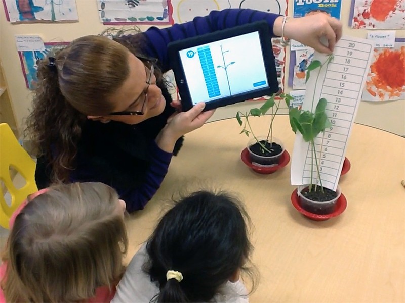 A preschool classroom with a teacher measuring a plant and holding an iPad next to it. The iPad has a plant illustration on it with a measurement interface.
